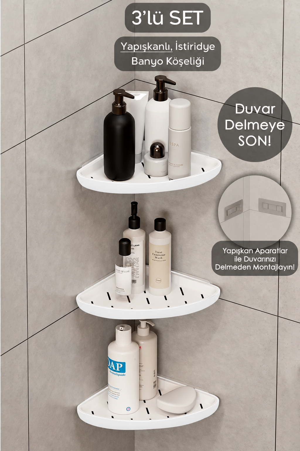 3’lü Yapışkanlı Banyo Köşe Rafı